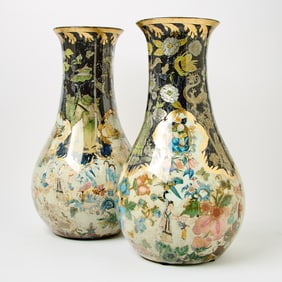 Pair of Victorian Black Ground Decalcomania Vases