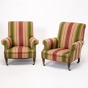 Pair of Victorian Ebonized Carved Wood Club Chairs