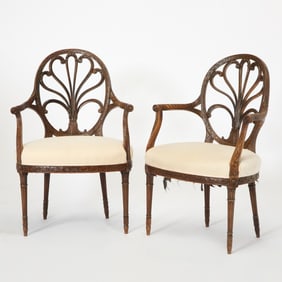Pair of George III Style Carved Walnut Open Armchairs