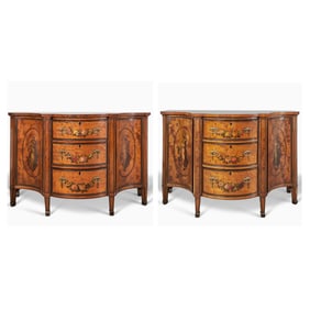 Pair of Victorian Polychrome-Painted Amaranth-Inlaid Satinwood Chest of Drawers