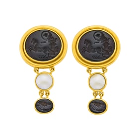 Elizabeth Locke Pair of Gold, Carved Black Onyx Intaglio and Mab? Pearl Pendant-Earclips