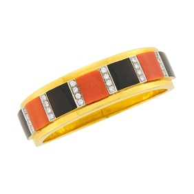Two-Color Gold, Coral, Black Onyx and Diamond Bangle Bracelet