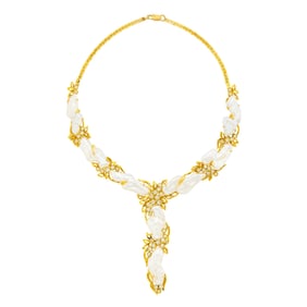 Gold, Baroque Freshwater Pearl and Diamond Necklace