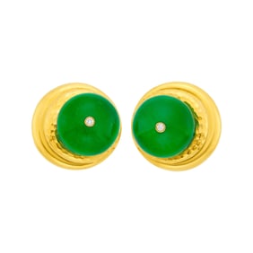 Andrew Clunn Pair of Hammered Gold, Dyed Green Quartz Bead and Diamond Earclips
