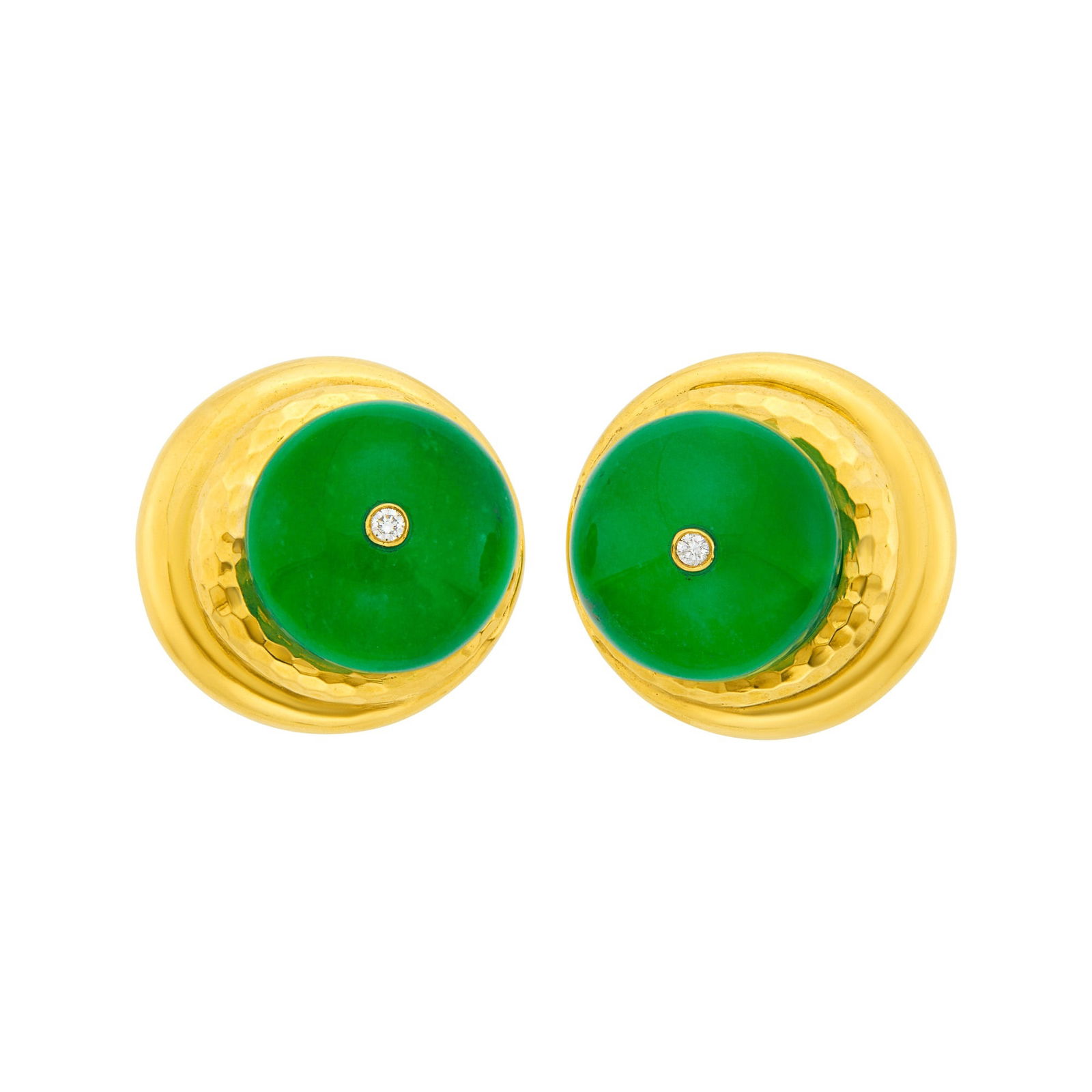 Andrew Clunn Pair of Hammered Gold, Dyed Green Quartz Bead and Diamond Earclips: 18 kt., 2 round dyed green quartz beads ap. 19.0 mm., 2 small collet-set round diamonds, signed A. Clunn, ap. 28 dwts. gross. Clip-backs. Diameters 1 1/8 inches.