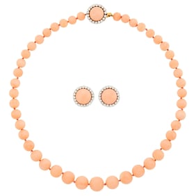 Angel Skin Coral Bead Necklace with Gold, Angle Skin Coral and Diamond Clasp and Pair of Earclips