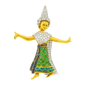 Gold, Platinum, Diamond, Emerald and Sapphire Thai Classical Dancer Brooch