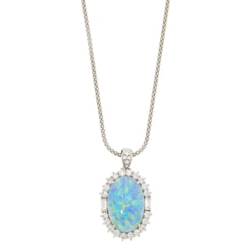 Platinum, Opal and Diamond Pendant with Chain Necklace