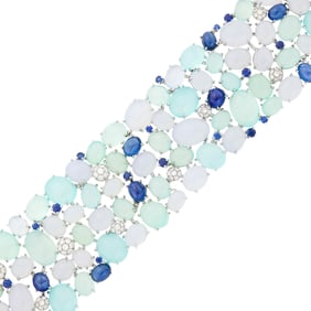 Wide White Gold, Bi-Color Chalcedony, Sapphire and Diamond Bracelet