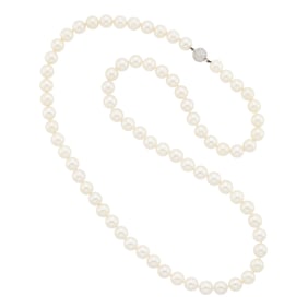 Long Cultured Pearl Necklace with White Gold and Diamond Clasp