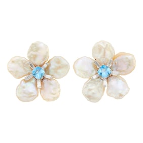 Gemlok Pair of White Gold, Blue Topaz, Freshwater Pearl and Diamond Flower Earclips