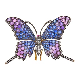 Two-Color Gold, Multicolored Sapphire and Diamond Butterfly Brooch