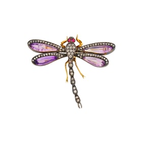Antique Gold, Silver, Amethyst and Diamond 'En Tremblant' Dragonfly Brooch