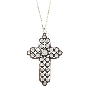 Silver, Gold and Diamond Cross Pendant with Platinum and Seed Pearl Chain Necklace
