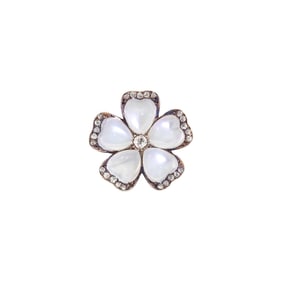 Antique Silver, Low Karat Rose Gold, Moonstone and Diamond Flower Brooch