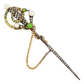 Antique Gold, Silver, Demantoid Garnet, Emerald, Pearl and Diamond Serpent Sword Jabot
