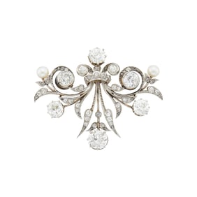 Antique Platinum, Gold, Diamond and Pearl Brooch