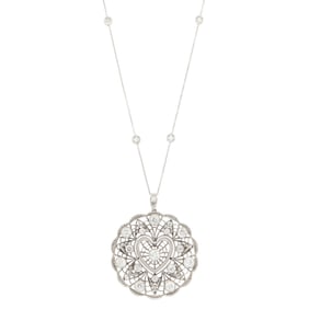 Edwardian Platinum and Diamond Heart Pendant-Brooch with White Gold and Diamond Chain Necklace