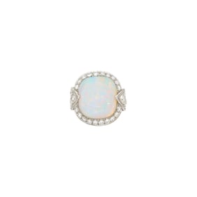 Platinum, White Opal and Diamond Ring