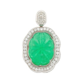 White Gold, Carved Emerald and Diamond Enhancer Pendant