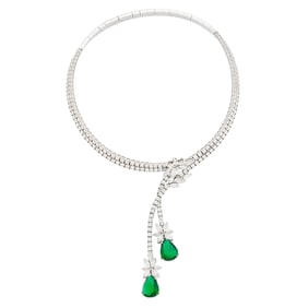 White Gold, Diamond and Synthetic Emerald Choker Fringe Necklace
