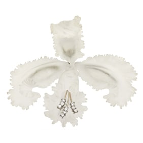 White Gold, Carved Frosted Rock Crystal and Diamond Orchid Brooch