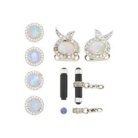 Pair of White Gold, Opal and Diamond Cufflinks and Tiffany & Co. Four Opal and Diamond Studs