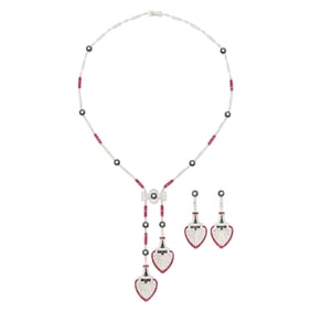 White Gold, Diamond, Ruby and Black Onyx Pendant-Necklace and Pair of Pendant-Earclips