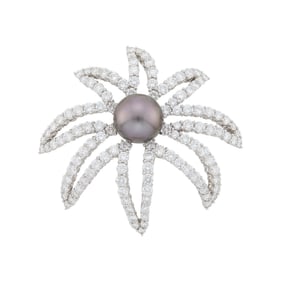 Platinum, Tahitian Gray Cultured Pearl and Diamond Flower Brooch with Interchangeable South Sea