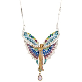 White Gold, Plique-?-Jour Enamel, Diamond and Opal 'Mariposa' Pendant-Brooch with Chain Necklace