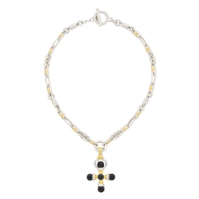 Two-Color Gold and Diamond Chain Link Toggle Necklace with Two Interchangeable Turquoise and Black