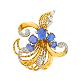 Two-Color Gold, Sapphire and Diamond Clip-Brooch