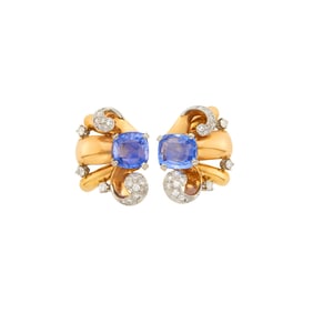 Pair of Gold, Platinum, Sapphire and Diamond Earclips