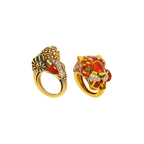 Frascarolo Two Gold, Enamel and Diamond Panther and Ram's Head Rings