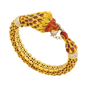Frascarolo Gold, Enamel and Diamond Lion Bangle Bracelet