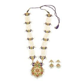 Indian Multistrand Freshwater Pearl, Gold, Foil-Backed Diamond and Gem-Set and Jaipur Enamel