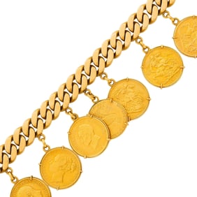 Gold and Gold Coin Curb Link Charm Bracelet