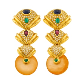Pair of Gold, Diamond, Colored Stone and Black Onyx Pendant-Earclips with Interchangeable Beads
