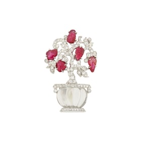 Platinum, Carved Rock Crystal, Carved Ruby and Diamond Potted Tree Brooch
