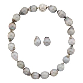 Semi-Baroque Tahitian Gray Cultured Pearl Necklace with White Gold Ball Clasp and Pair of Earclips