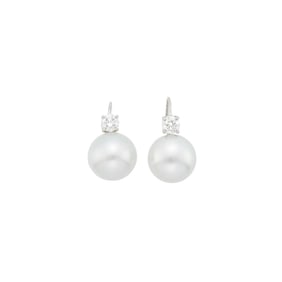 Pair of White Gold, South Sea Cultured Pearl and Diamond Earrings