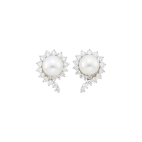 Angela Cummings for Assael Pair of Platinum, South Sea Cultured Pearl and Diamond Earclips