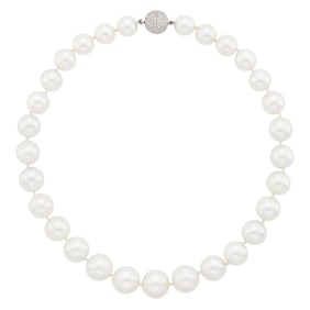 South Sea Cultured Pearl Necklace with White Gold and White Gold and Diamond Ball Clasp