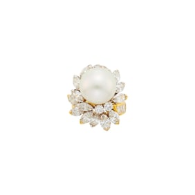 Two-Color Gold, South Sea Cultured Pearl and Diamond Ring