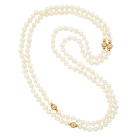 Long Cultured Pearl, Gold and Diamond Necklace/Four Nesting Necklaces Combinaton