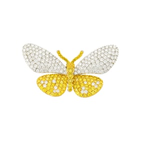 Two-Color Gold, Colored Diamond and Diamond Butterfly Brooch