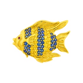 Gold and Multicolored Sapphire Fish Pendant-Brooch