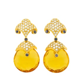 Pair of Gold, Diamond and Cabochon Sapphire Earrings with Interchangeable Bead Pendants