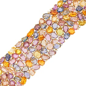 Wide Gold, Multicolored Sapphire and Diamond Bracelet
