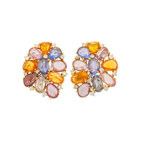 Pair of Gold, Multicolored Sapphire and Diamond Cluster Earrings